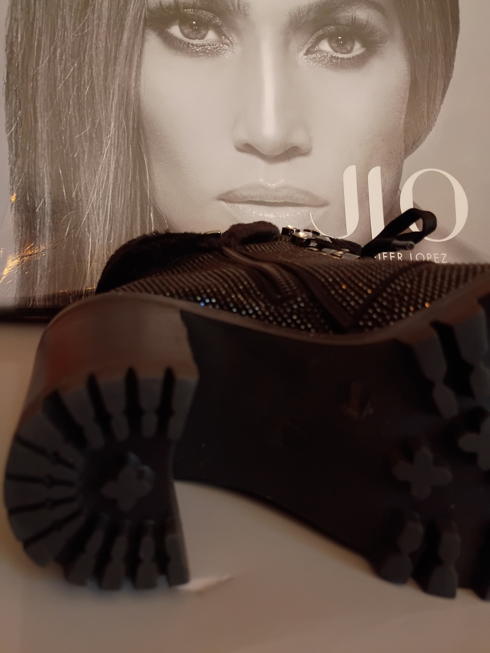 Jennifer Lopez Black Graysen Booties Lace-Up Embellished Faux-Fur Ankle‎ Boots - Picture 3 of 6